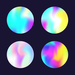 Holographic abstract backgrounds set. Gradient hologram. Colorful holographic backdrop. Minimalistic 90s, 80s retro style graphic template for placard, presentation, banner, brochure.