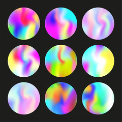 Hologram abstract backgrounds set. Holographic gradient. Fluorescent hologram backdrop. Minimalistic 90s, 80s retro style graphic template for brochure, banner, wallpaper, mobile screen.