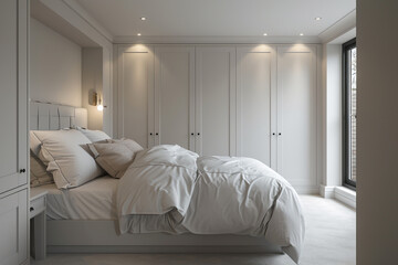 White master bedroom with a sophisticated, clean look, featuring bespoke built-in wardrobes, a floating bed, and subtle grey accents.