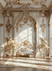 Ornate white and gold palace room interior with sofa