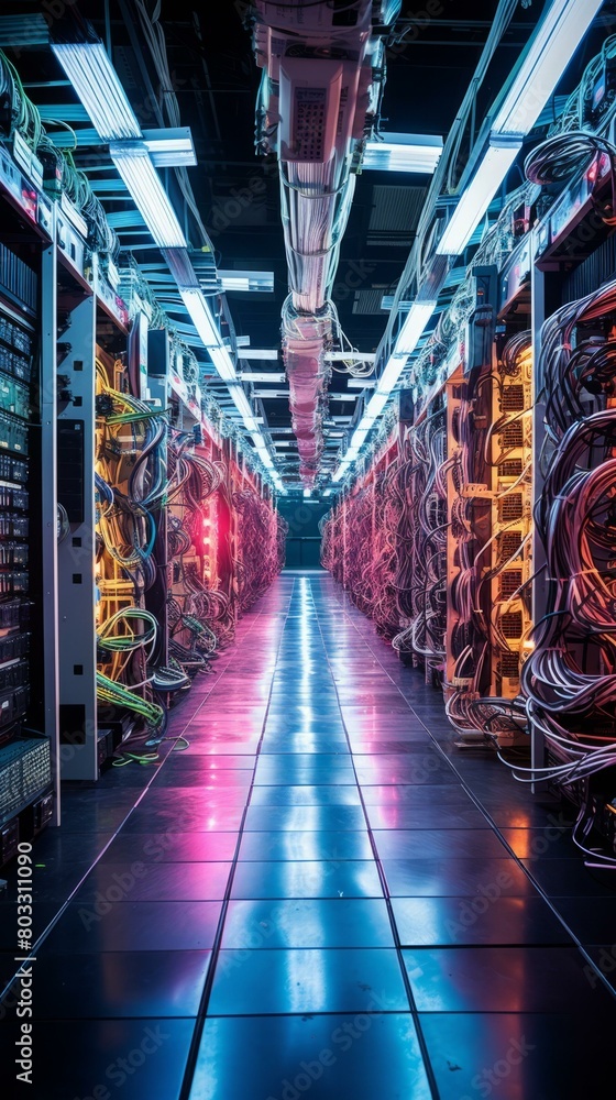 Poster a futuristic data center with rows of servers and colorful lighting