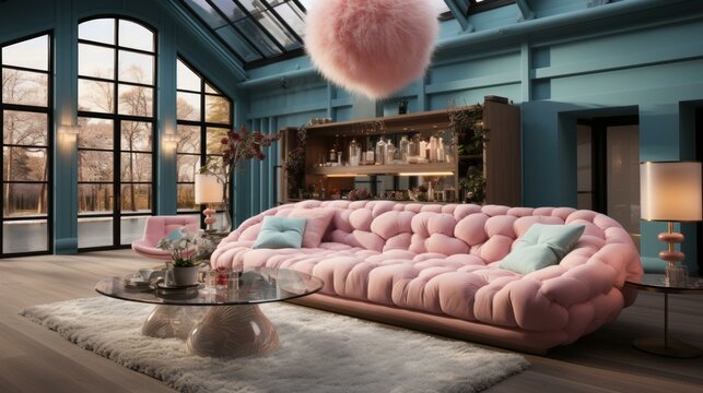 Pink and blue living room with large pink sectional sofa