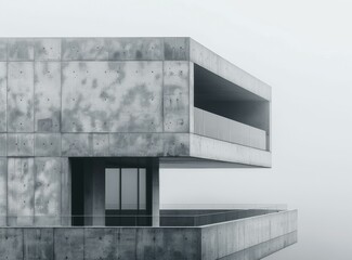 A concrete building with a balcony juts out into the fog