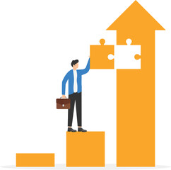 Solution or growing business concept, businessman put piece of jigsaw puzzle to complete rising up arrow metaphor of growth

