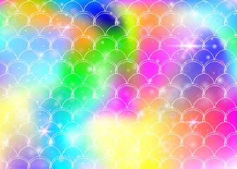 Rainbow scales background with kawaii mermaid princess pattern. Fish tail banner with magic sparkles and stars. Sea fantasy invitation for girlie party. Retro backdrop with rainbow scales.
