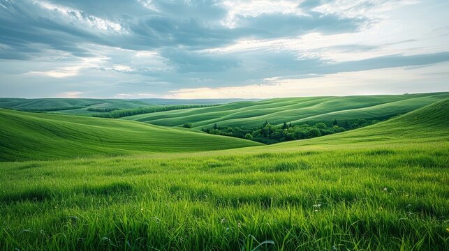 Green rolling hills under cloudy sky