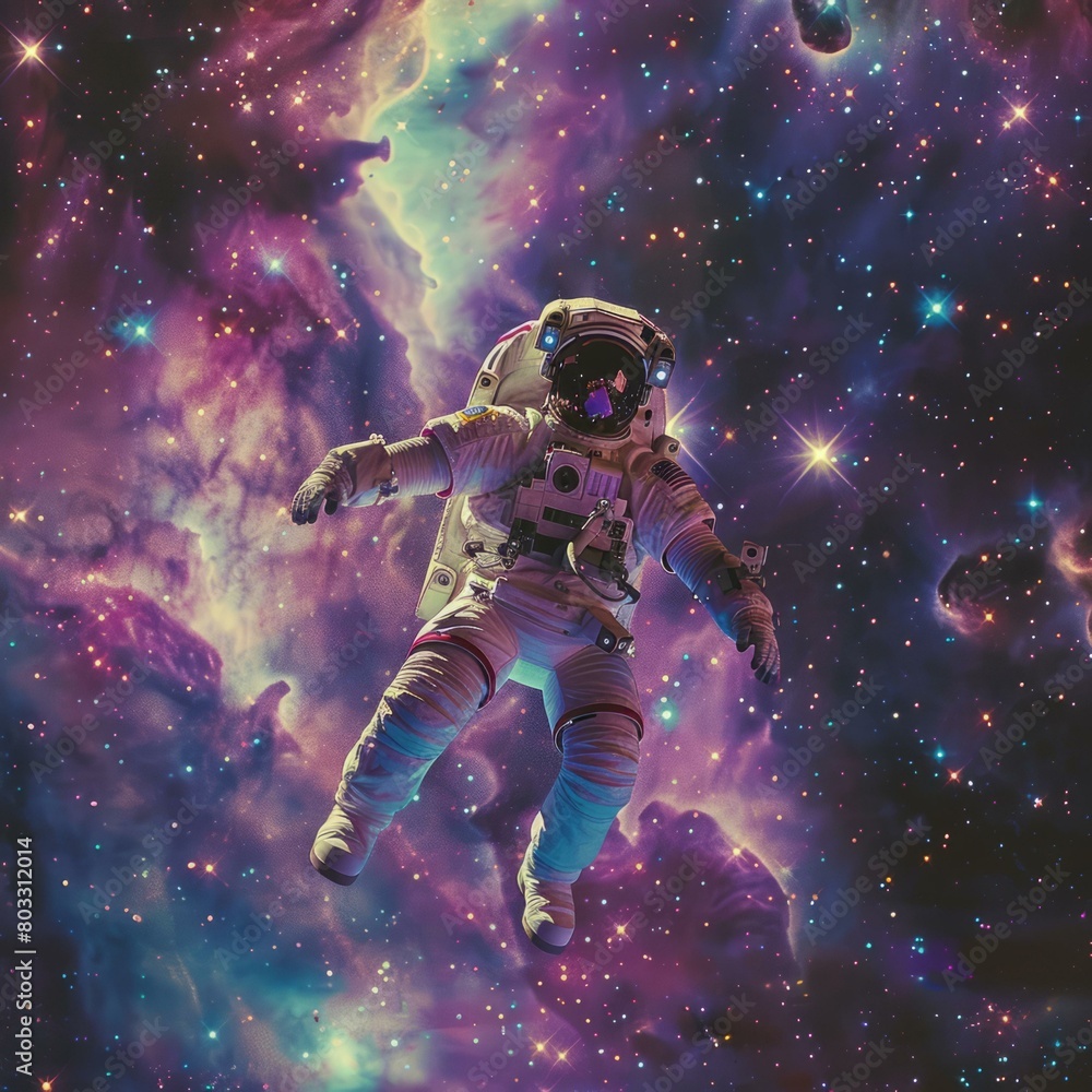 Poster astronaut in space with colorful nebula and stars