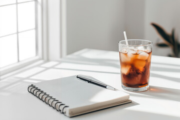 Iced coffee on a desk beside a notebook and pen in a bright office setting