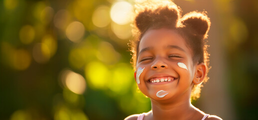 Happy young African American girl with sunscreen on her face outdoors