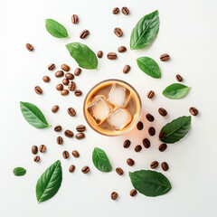 Iced coffee with fresh leaves and scattered coffee beans on a white background