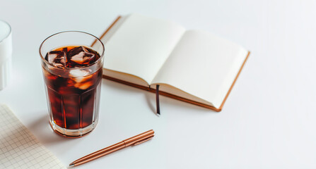 Iced coffee next to an open notebook on a white table