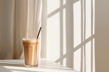 Cold coffee in a glass on a table by the window