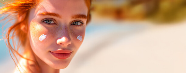 Young beautiful red-haired woman with touch of sunscreen on her face at the beach. Banner with copy space