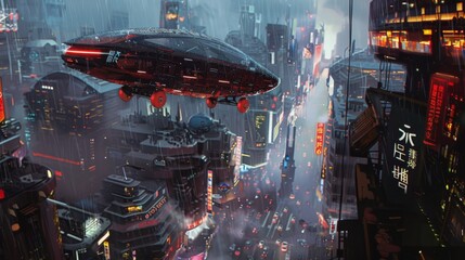 Futuristic cityscape with levitating vehicles over urban skyscrapers under a hazy sky