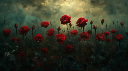 Obraz premium Mystical Dark Roses in Stormy Sky, generative ai