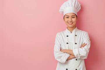 Happy female chef portrait on pastel background with ample space for text placement