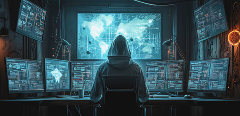 Illustration of cyber thief at work in darkness. Cyberspace safety concept.