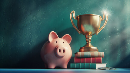A warmly lit trophy and piggy bank on a stack of colorful books against a cool toned background, depicting success - obrazy, fototapety, plakaty