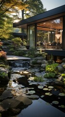 Black and wood modern house with pond and trees