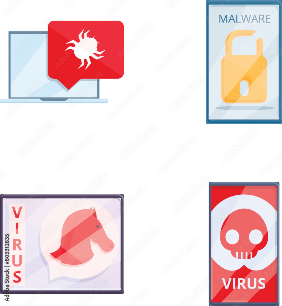 Poster hacking icons set cartoon vector. computer bug, mobile malware and cyber attack. internet security