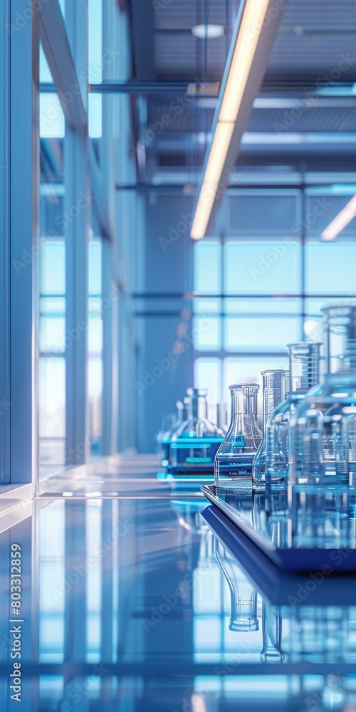 Poster lab glassware on lab table with blue background
