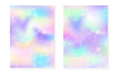 Princess background with kawaii rainbow gradient. Magic unicorn hologram. Holographic fairy set. Multicolor fantasy cover. Princess background with sparkles and stars for cute girl party invitation.