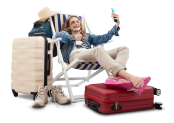 Tourist woman in travel attire, on deck chair with trolley suitcases, make selfie with mobile phone and thumbs-up. Summer beach holiday, flight and vacation travel booking. Travel influencer lifestyle
