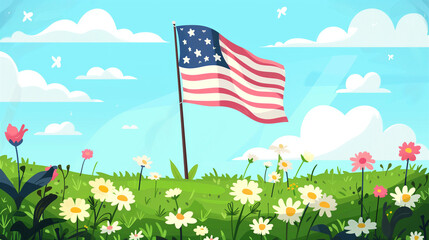 american flag on blue sky background