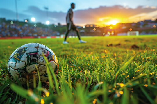 Dramatic moment as a penalty kick decides the outcome of an African Cup of Nations match.Soccer ball rests on grass in natural environment under the sky on a sunny day