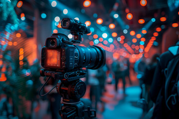 Panel session focusing on technological innovation and its impact on future economies .A person filming an event in the city with an electric blue camera on a tripod