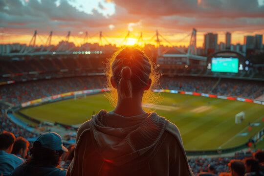Packed cricket stadium buzzing with anticipation during an ICC World T20 match .a woman is watching a soccer game in a stadium at sunset
