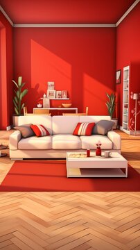 Cozy red living room interior with white sofa and coffee table