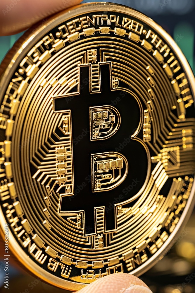 Poster close up of hand holding physical bitcoin on digital backdrop with room for text placement