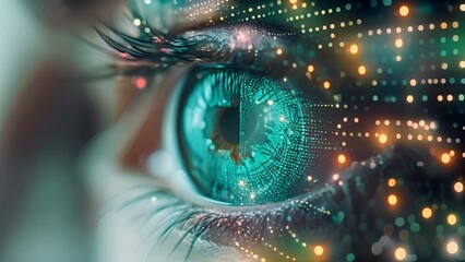 Close-up of a persons blue eye with a circuit board overlay, showcasing the fusion of human biology with technology. - Powered by Adobe