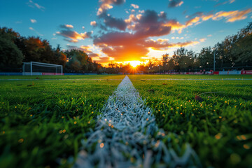 Stunning sunset backdrop as Copa América teams battle it out on the soccer field. Soccer field at...
