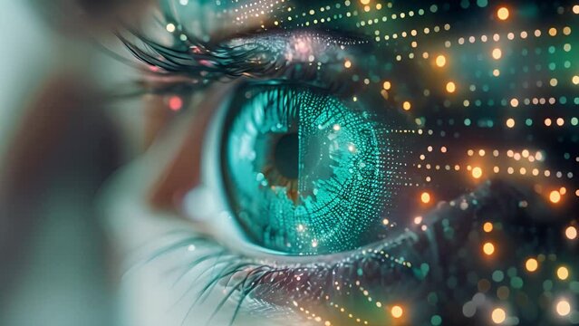 Close-up of a persons blue eye with a circuit board overlay, showcasing the fusion of human biology with technology.