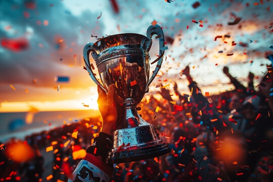 Team USA hoisting the prestigious America's Cup trophy amidst cheers and confetti.Person holding trophy amidst crowd, under orange sky at event