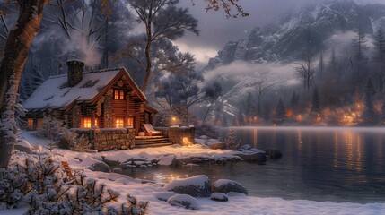 Cozy Cabin Retreat in Snowy Landscape, generative ai