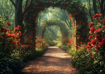 Stone path through a garden of red roses