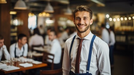 Fototapeta premium portrait of a smiling waiter in a busy restaurant