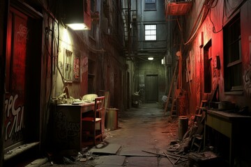A dark and dirty alleyway with a red light shining at the end