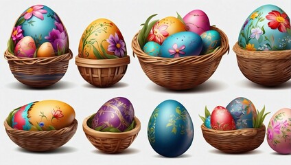 Collection set of basket of colourful hand painted decorated easter eggs on transparent background cutout, PNG file.