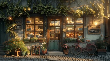 Cozy Sunrise Scene at the Local Bread Shop, generative ai