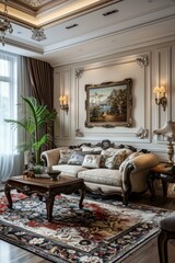 Luxurious living room interior design with sofa, rug, painting, and plants