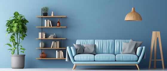 Scandinavian blue modern living room with sofa, chair, and bookshelf