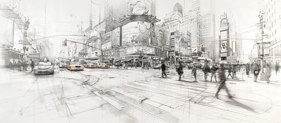 Dynamic Pencil Sketch of a Busy City Street Corner Capturing the Energy of Urban Life