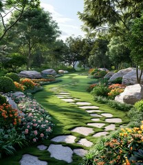 Stone path through a lush garden