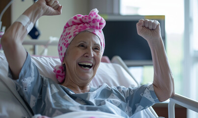 A happy senior woman in a hospital bed, celebrating her recovery after a difficult fight with cancer