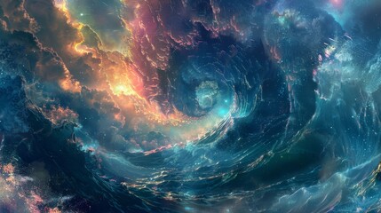 Majestic cosmic seascape with swirling galaxy and vibrant ocean waves