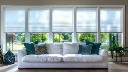 Large white pleated blinds with 50mm fold topdown botto. Concept It seems you might be looking to describe a type of window treatment, Could you provide more details or context? - obrazy, fototapety, plakaty